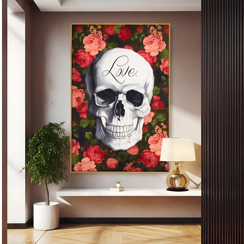 Tablou canvas cu tablou canvas cu craniu si trandafiri, in rama de aluminiu auriu